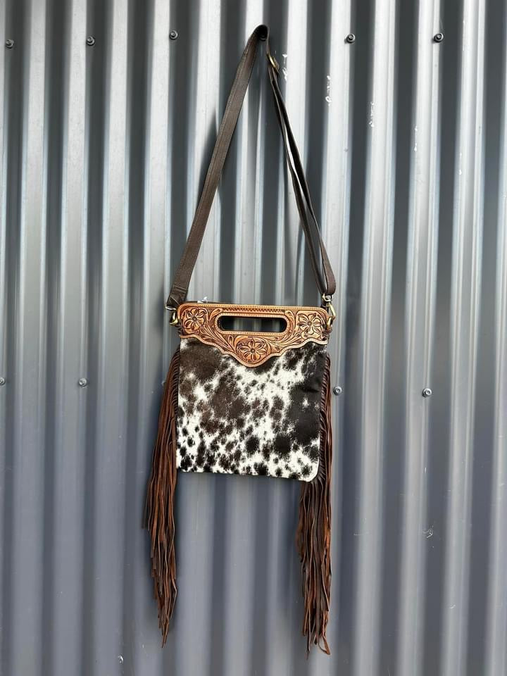 Cowhide tooling leather sling bag